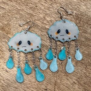 One of a Kind Handmade Cute Cloud Earrings with Blue Raindrops